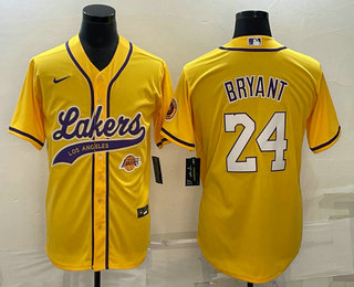Mens Los Angeles Lakers #24 Kobe Bryant Yellow With Patch Cool Base Stitched Baseball Jerseys->->NBA Jersey